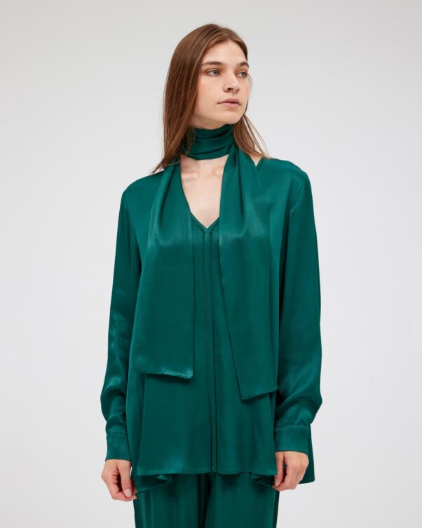 Loose Satin Top with Scarf - 006111762 - image 1