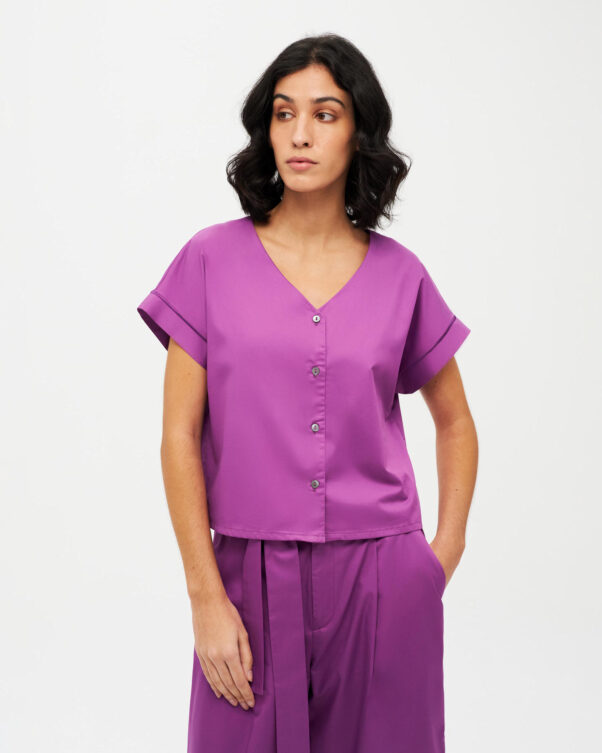 Κοντό Πουκάμισο σε Ποπλίνα Με V - 001092903 - Εικόνα 1