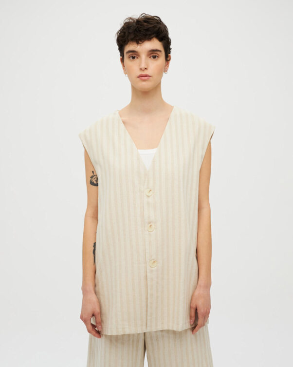 Μακρύ Ριγέ Γιλέκο σε Λινό-Βαμβάκι - 005312014 - Εικόνα 1