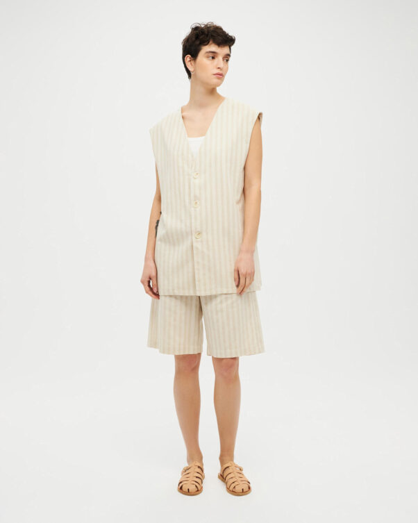 Μακρύ Ριγέ Γιλέκο σε Λινό-Βαμβάκι - 005312014 - Εικόνα 2