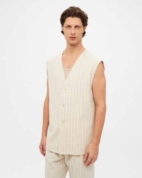 Μακρύ Ριγέ Γιλέκο σε Λινό-Βαμβάκι - 005312014m - Εικόνα 1