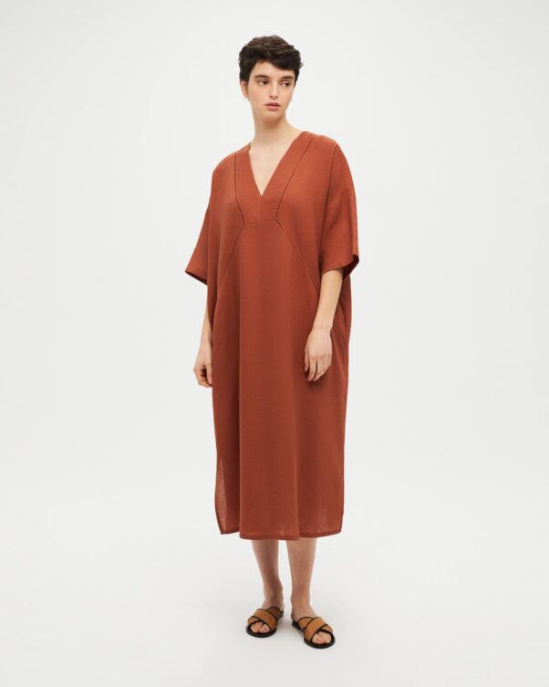 Πολύ Φαρδύ Λινό Φόρεμα με V - 008016044 - Εικόνα 1