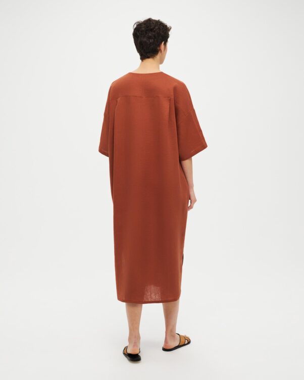 Πολύ Φαρδύ Λινό Φόρεμα με V - 008016044 - Εικόνα 2