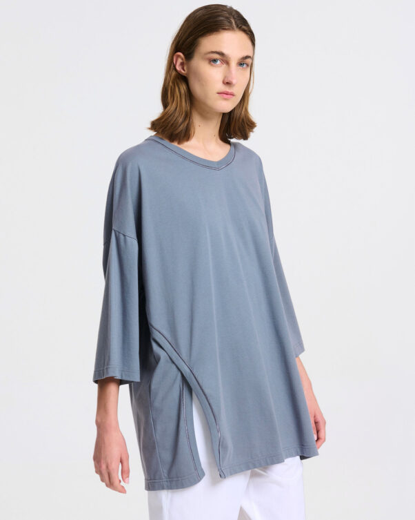 Πολύ Φαρδιά Βαμβακερή Μπλούζα με V - 001021813 - Εικόνα 1