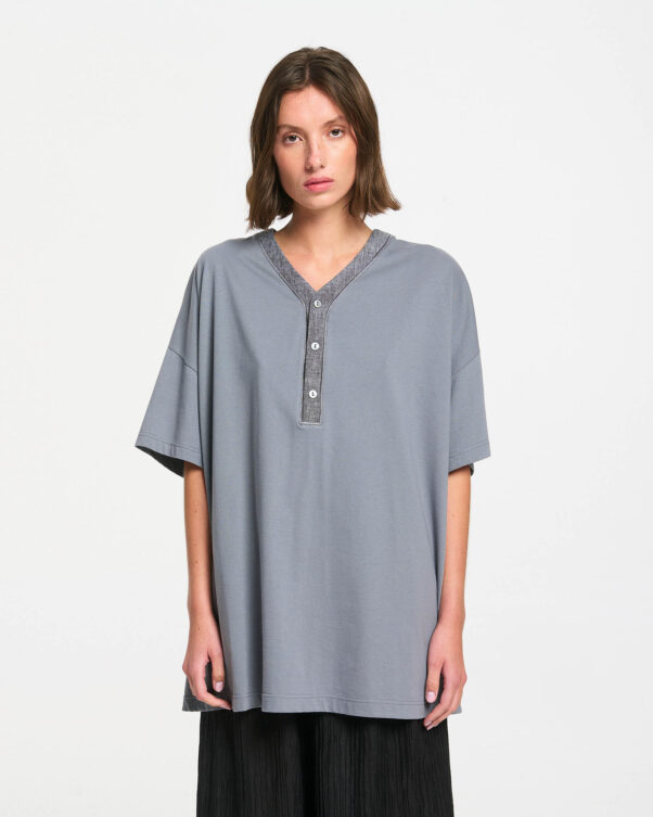 Πολύ Φαρδιά Βαμβακερή Μπλούζα με Λινή Πατιλέτα - 001021814 - Εικόνα 1