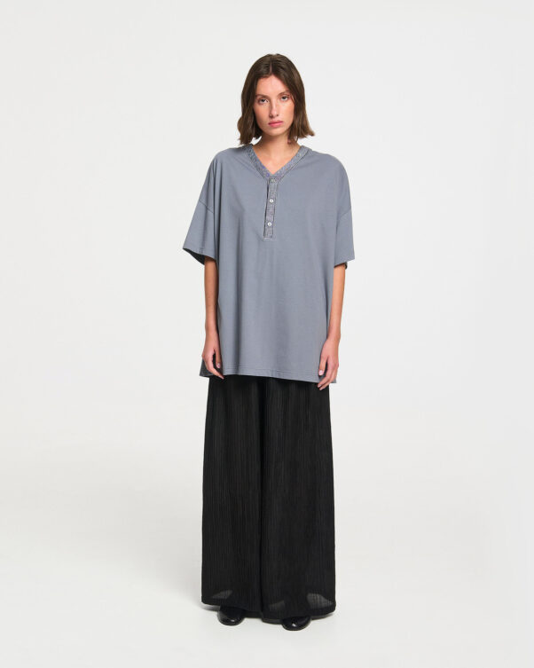 Πολύ Φαρδιά Βαμβακερή Μπλούζα με Λινή Πατιλέτα - 001021814 - Εικόνα 2