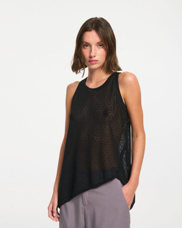 Ασύμμετρη Μπλούζα σε Βαμβακερή Δαντέλα Δίχτυ - 001231818 - Εικόνα 1