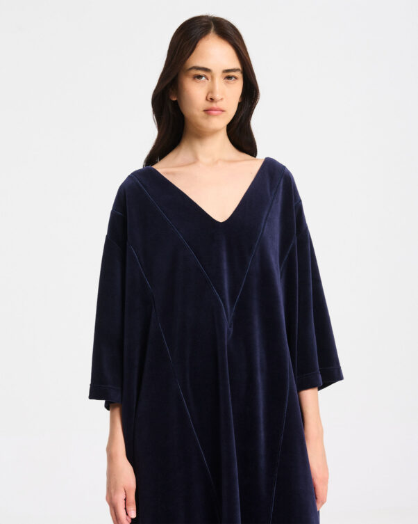 Velvet Calf-length Dress with V Neck - 001306077 - image 2