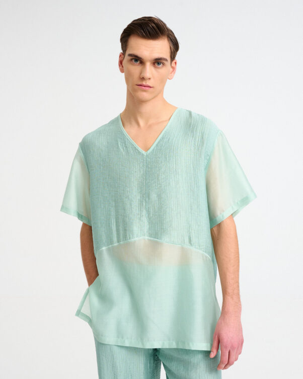 V-Neck Top with Wrinkled Gauze Panels - 006001875m - image 1