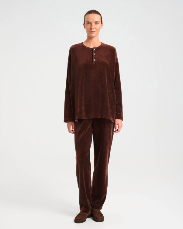 Loose Velvet Terry Top with Henley - 001301057 - image 1