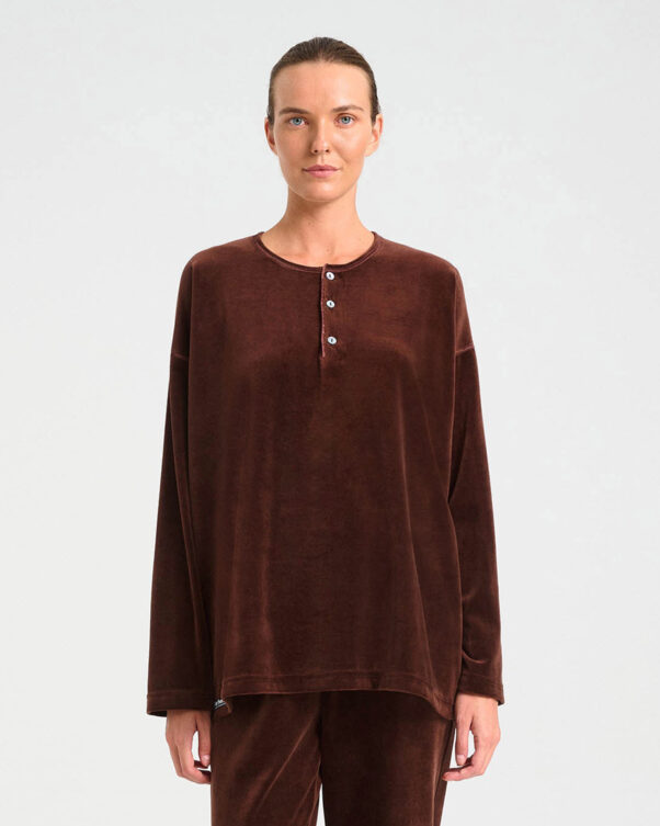 Loose Velvet Terry Top with Henley - 001301057 - image 2