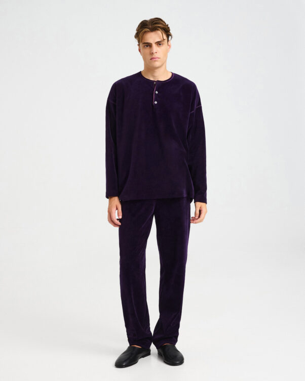 Loose Velvet Terry Top with Henley - 001301057m - image 1