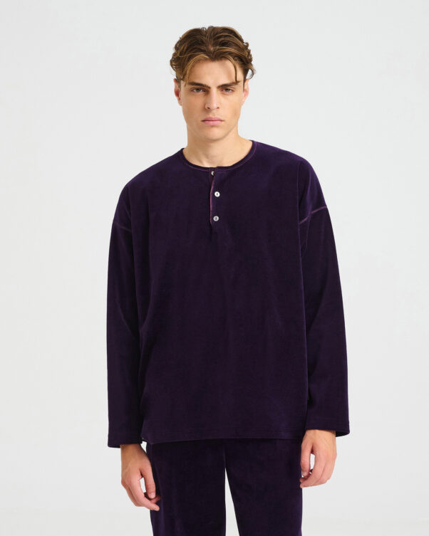 Loose Velvet Terry Top with Henley - 001301057m - image 2