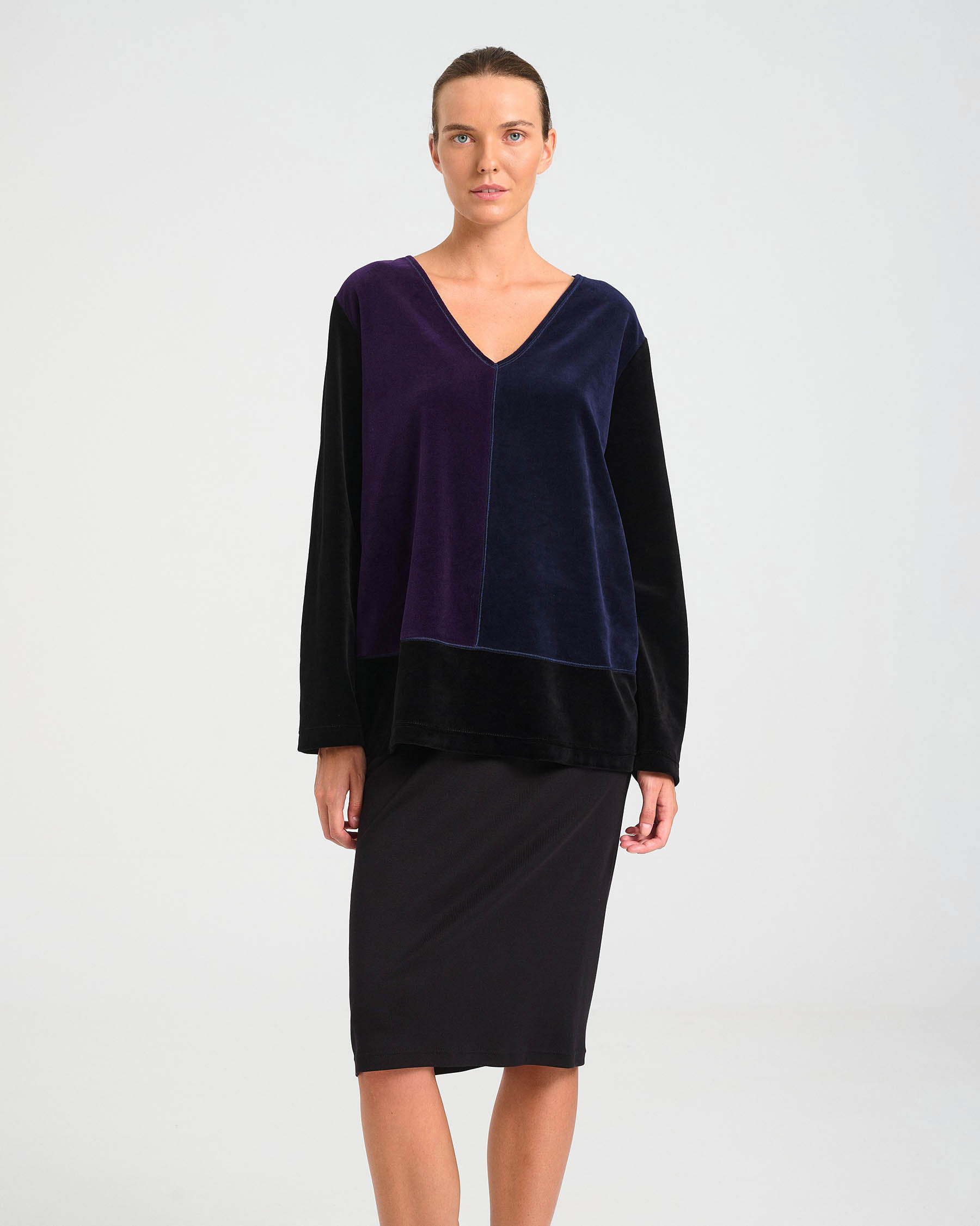 Patchwork Velvet Terry V-Neck Top - 001301338 - image 2
