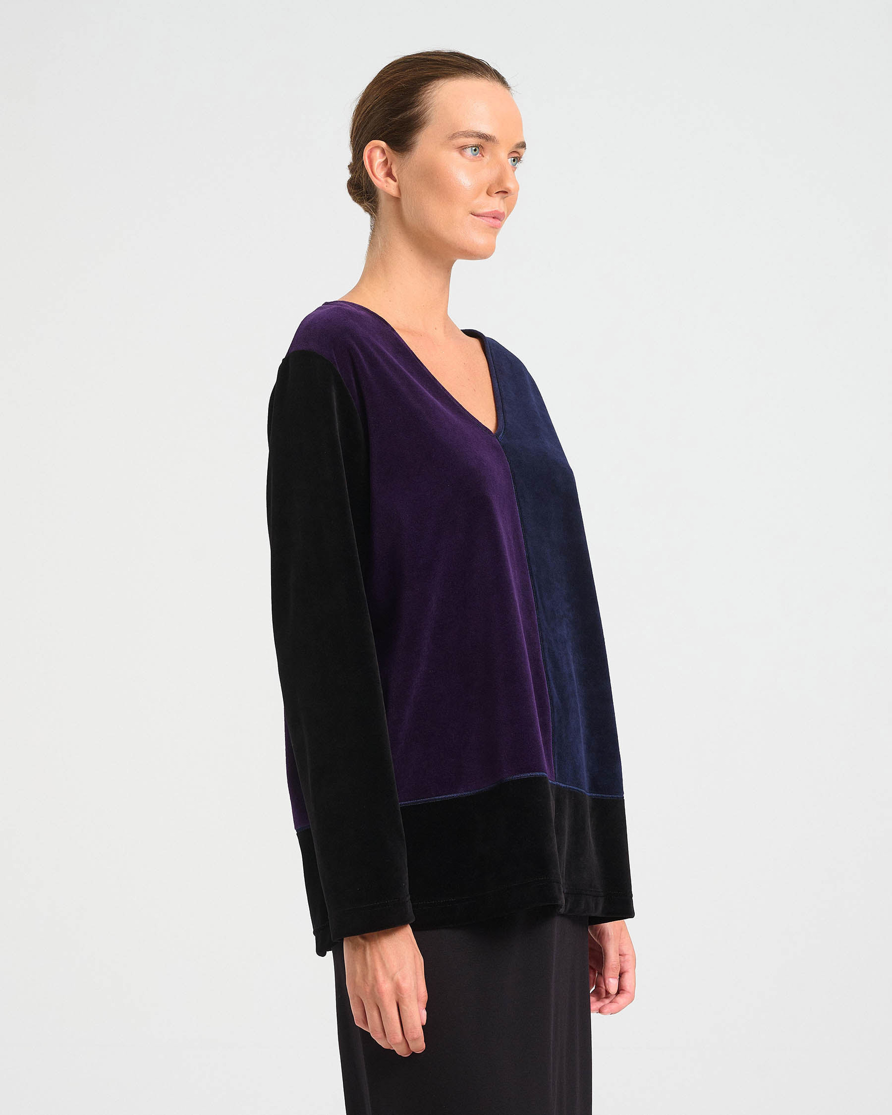 Patchwork Velvet Terry V-Neck Top - 001301338 - image 3