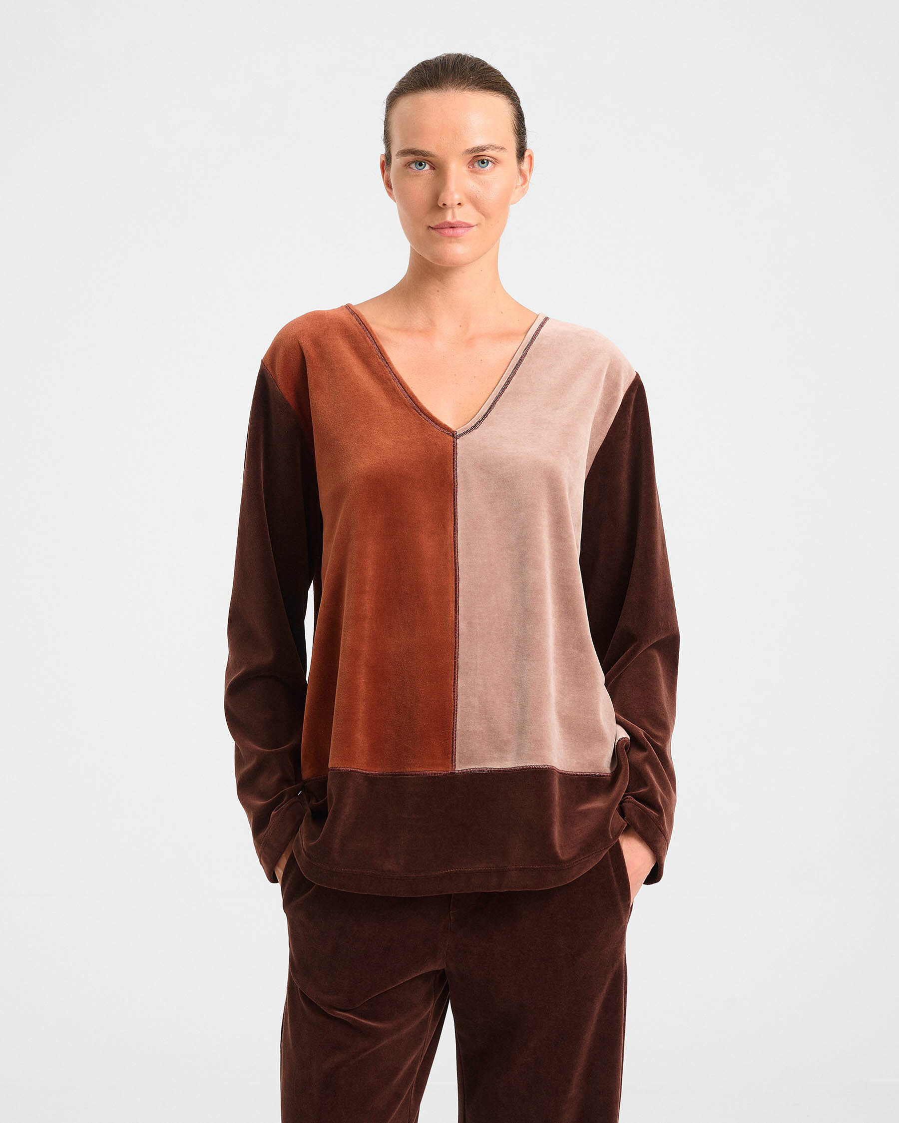 Patchwork Velvet Terry V-Neck Top - 001301338 - image 5