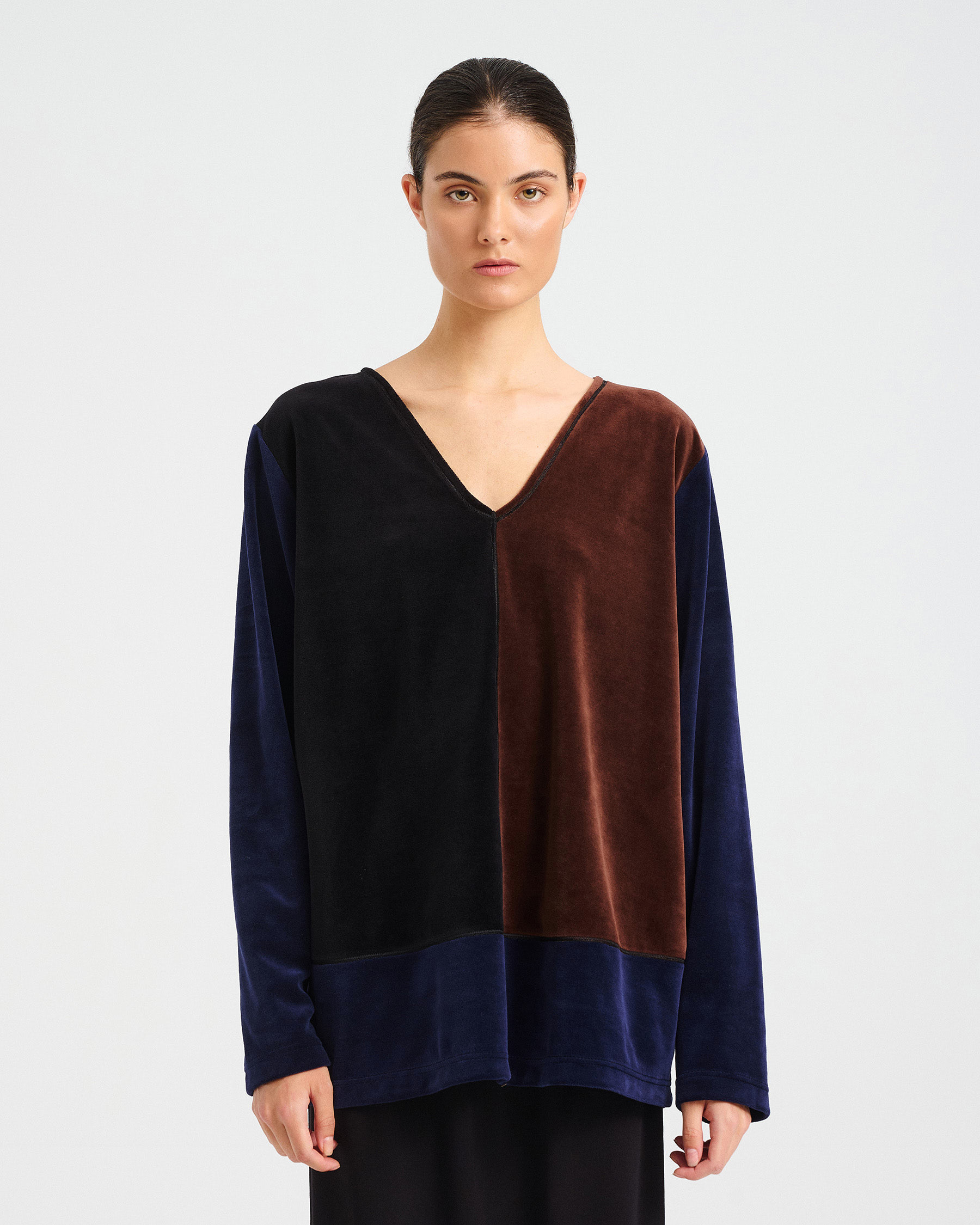 Patchwork Velvet Terry V-Neck Top - 001301338 - image 7