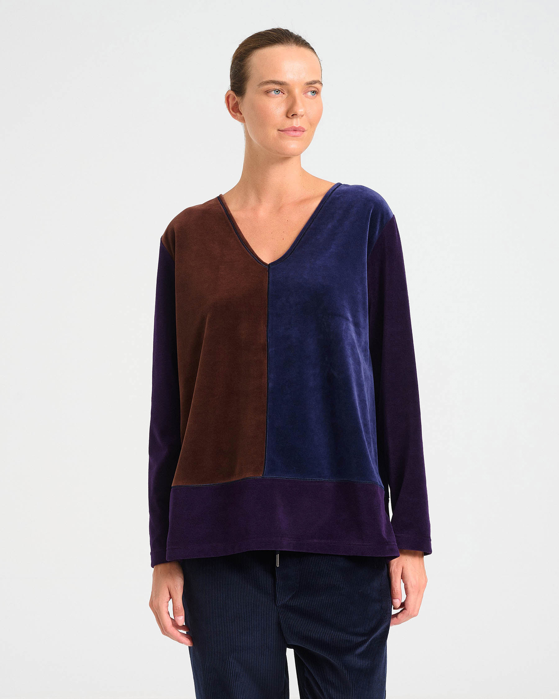 Patchwork Velvet Terry V-Neck Top - 001301338 - image 8
