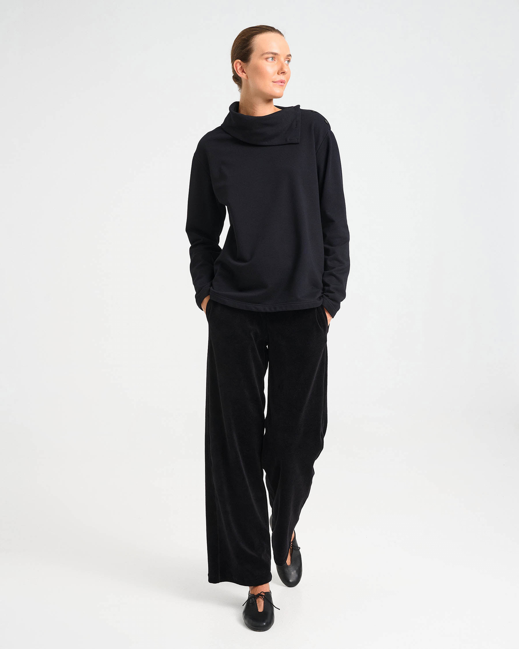 Cotton French Terry Sweatshirt with Asymmetric Buttoned Collar - 001421538 - image 1
