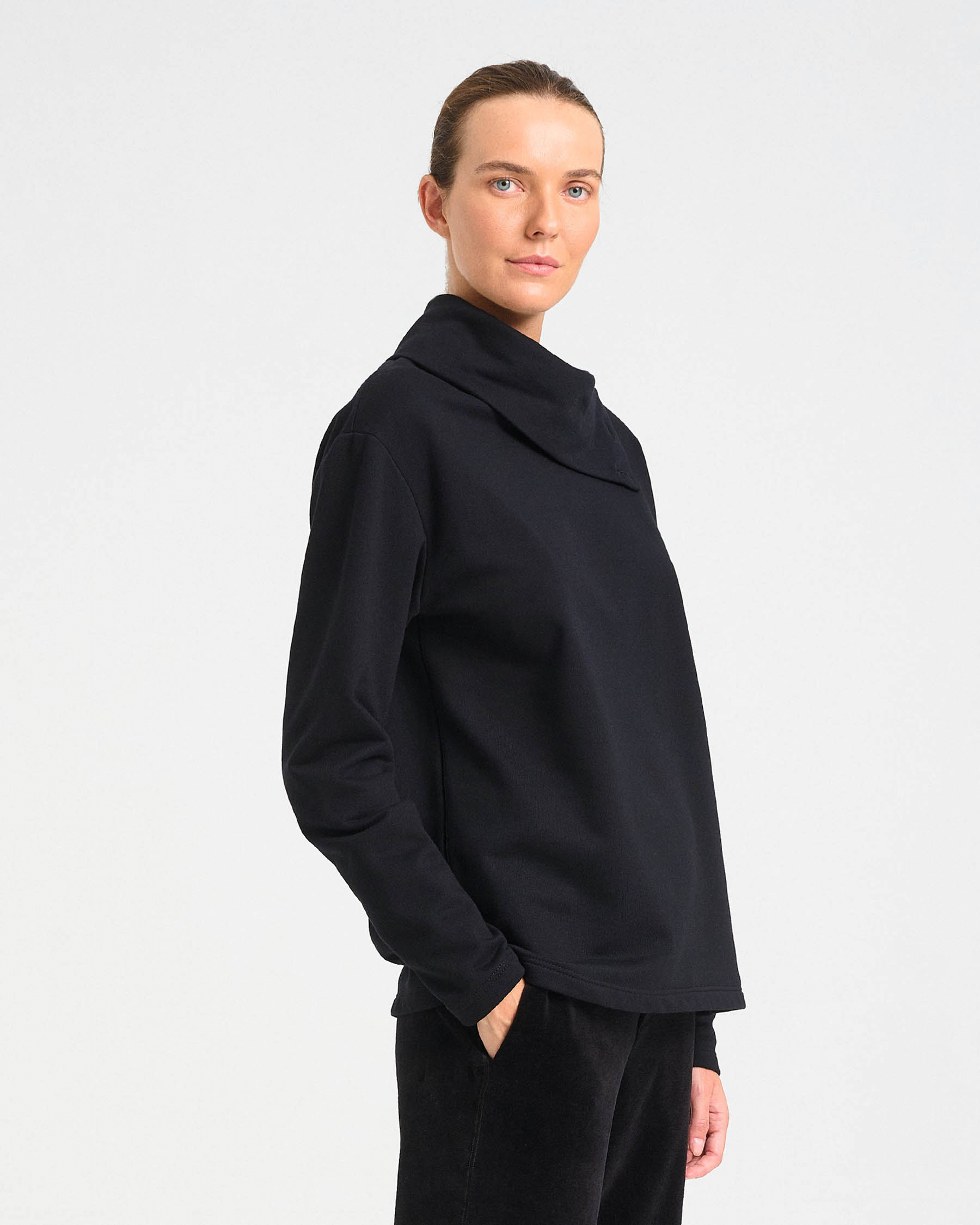 Cotton French Terry Sweatshirt with Asymmetric Buttoned Collar - 001421538 - image 3