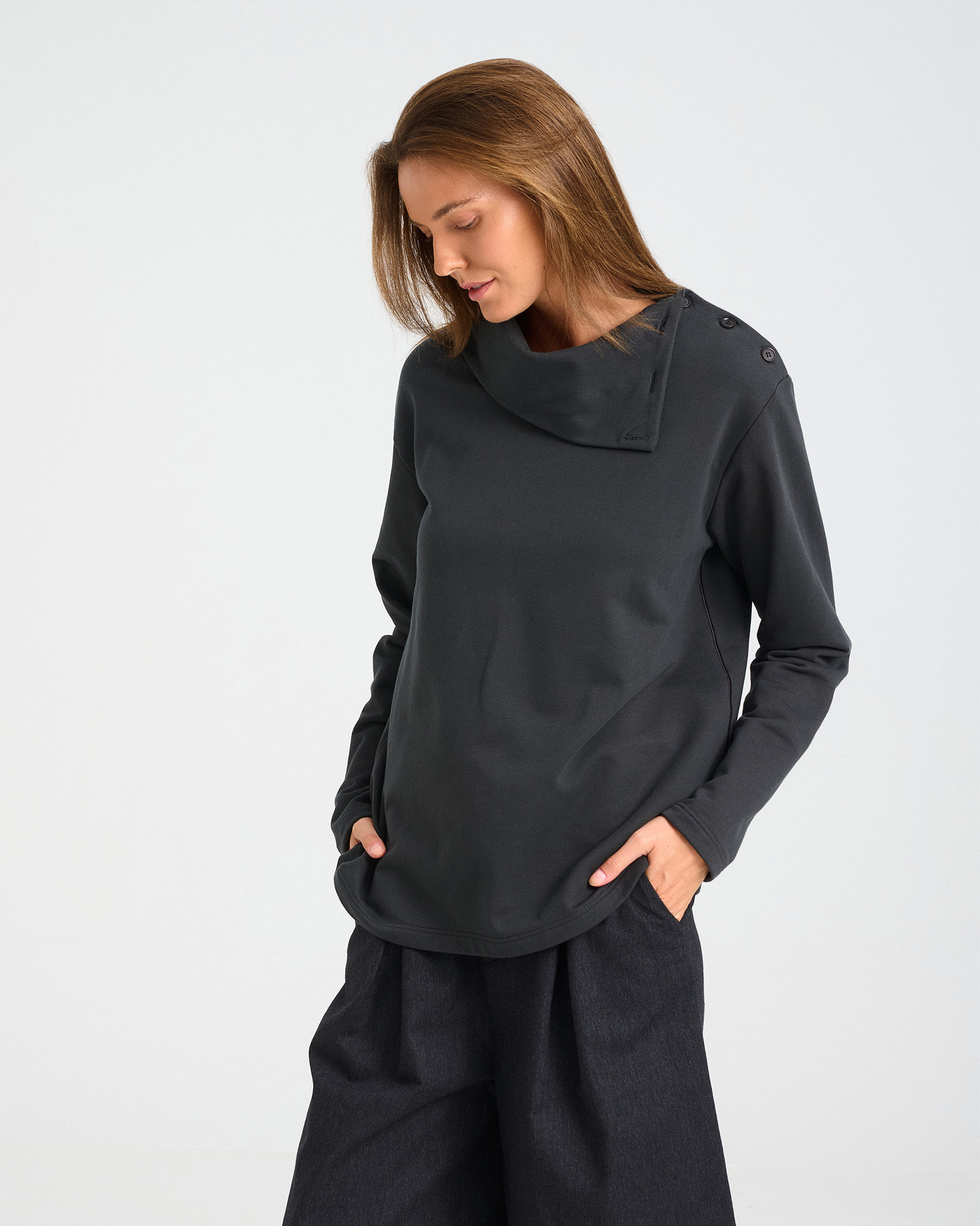 Cotton French Terry Sweatshirt with Asymmetric Buttoned Collar - 001421538 - image 6