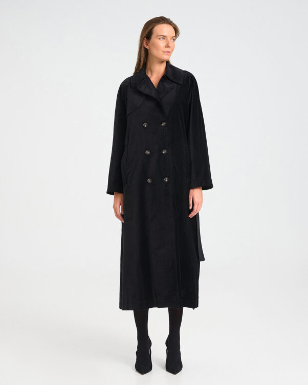 Long Double-Breasted Velvet Trench Coat - 002002615 - image 1