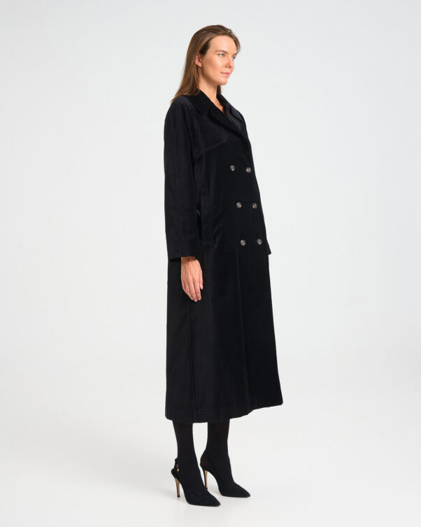 Long Double-Breasted Velvet Trench Coat - 002002615 - image 2