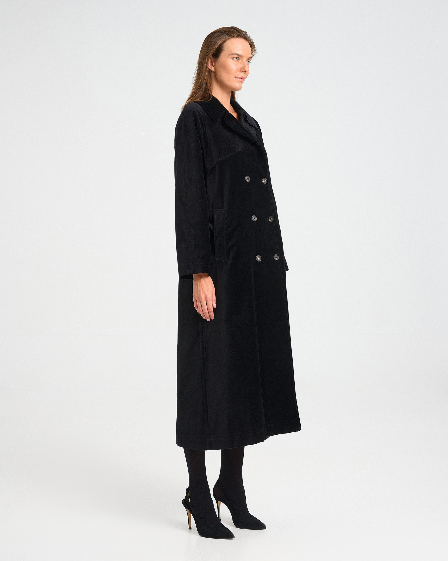 Long Double-Breasted Velvet Trench Coat - 002002615 - image 2