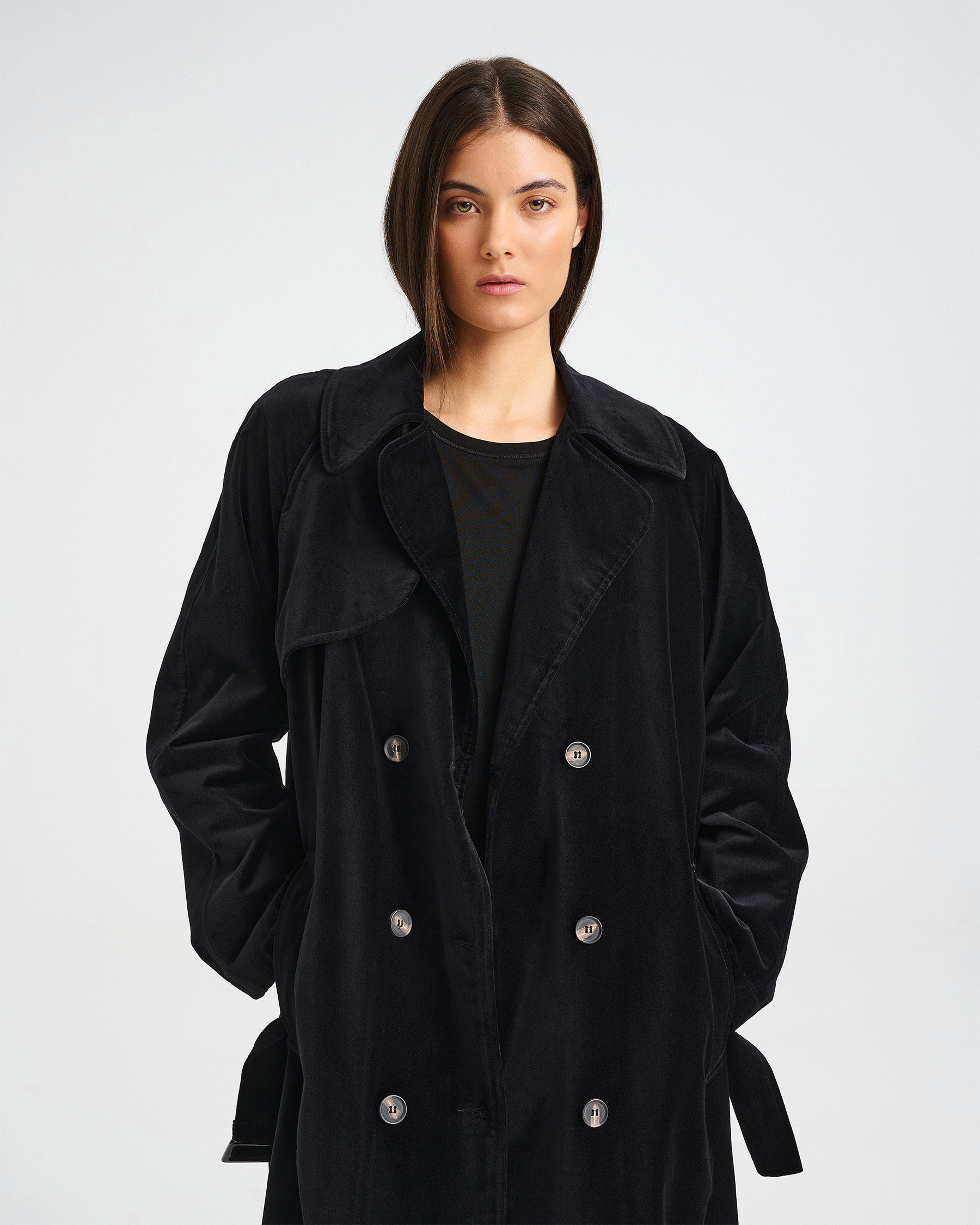 Long Double-Breasted Velvet Trench Coat - 002002615 - image 3