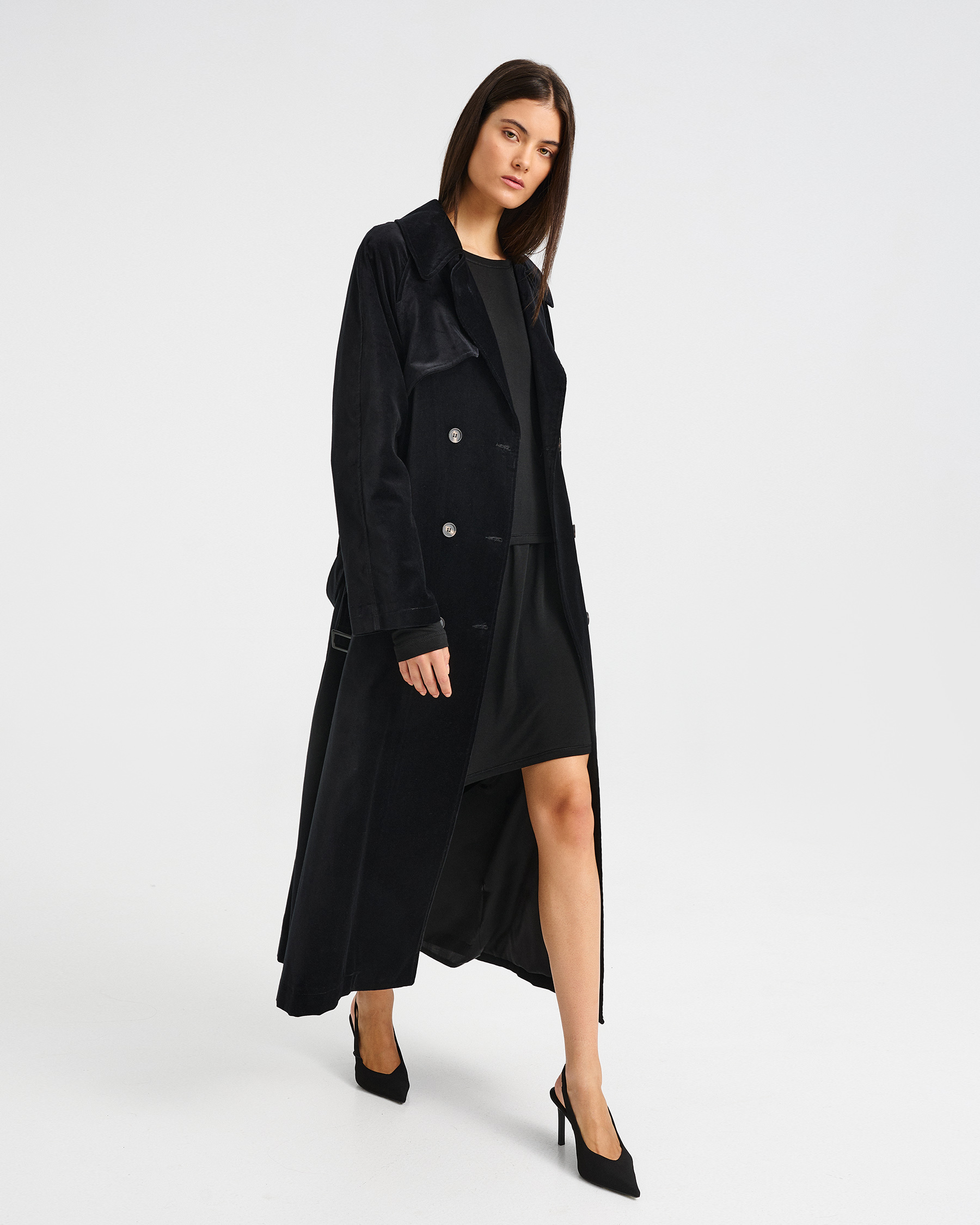 Long Double-Breasted Velvet Trench Coat - 002002615 - image 4