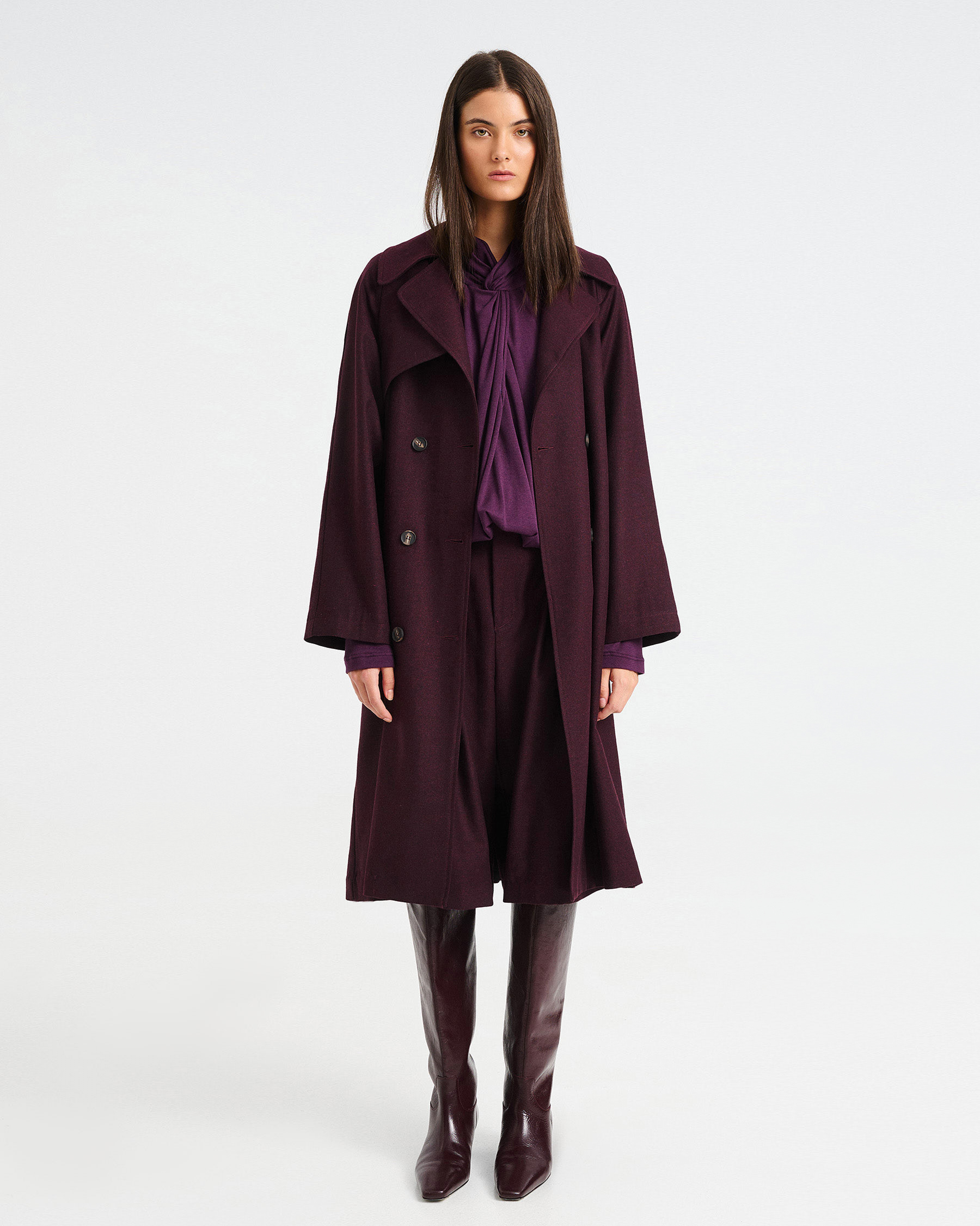 Knee-Length Wool-Cotton Blend Trench Coat - 002412602 - image 1