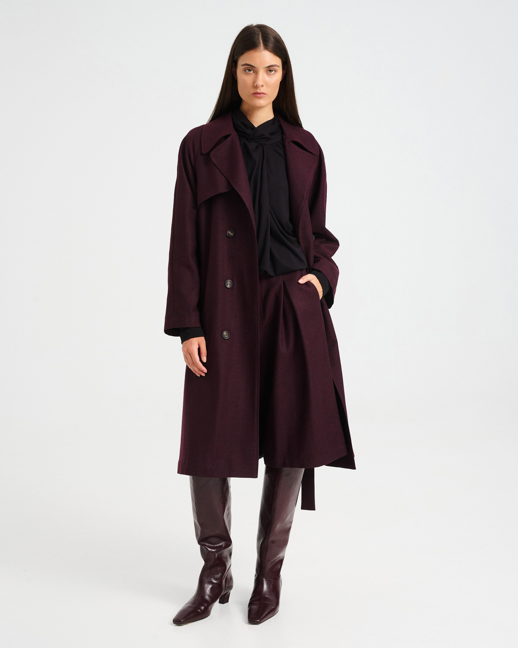 Knee-Length Wool-Cotton Blend Trench Coat - 002412602 - image 4