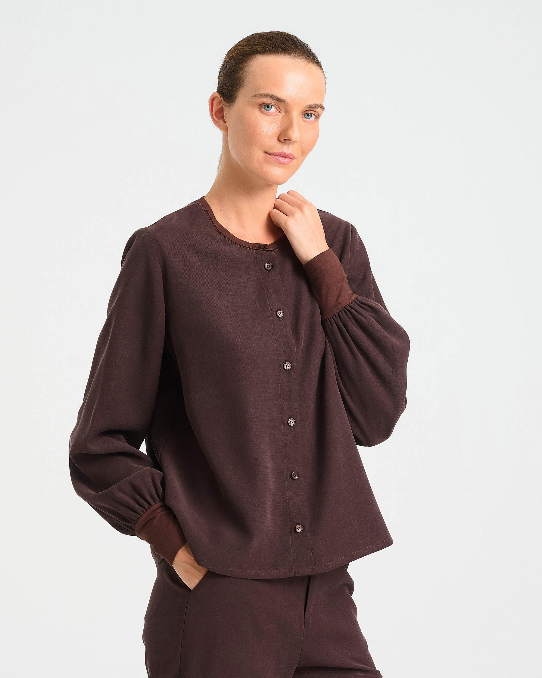 Viscose Button-Front Top with Cuffed Sleeves - 006692526 - image 6