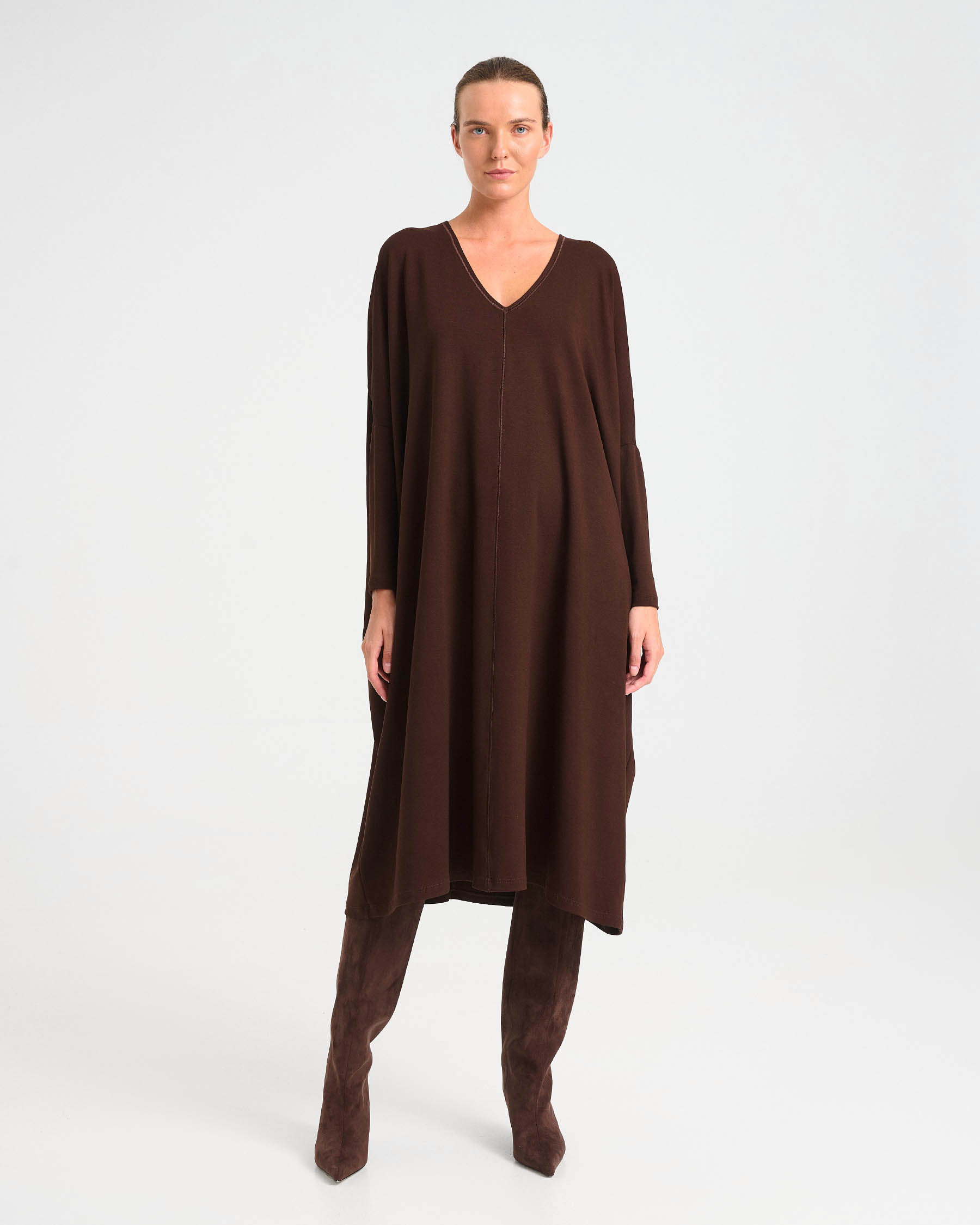 Oversized Punto di Roma Midi Dress with V-Neck - 006735926 - image 4