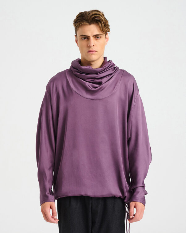 Satin Top with Draped High Neck - 006751189m - image 2