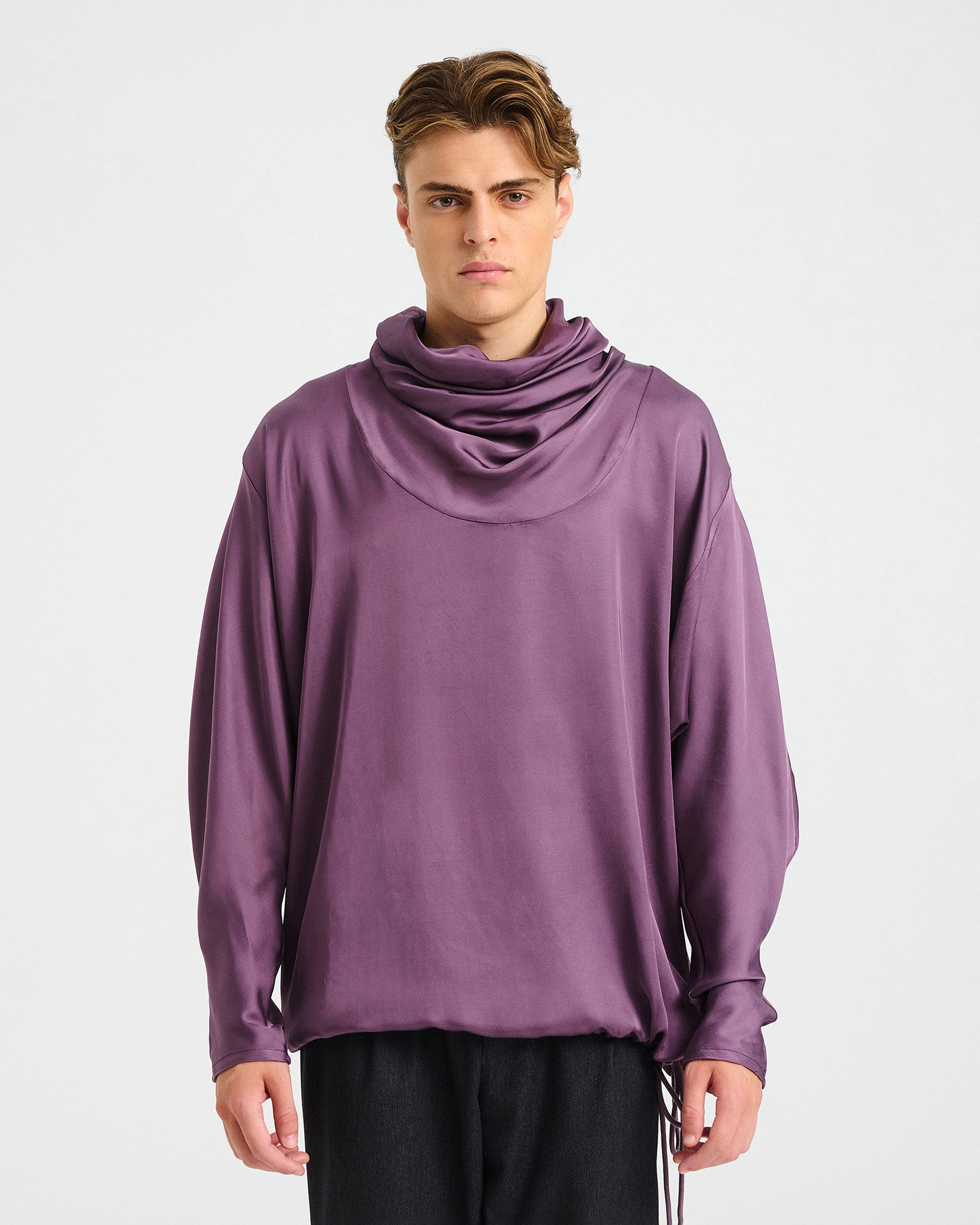 Satin Top with Draped High Neck - 006751189m - image 2