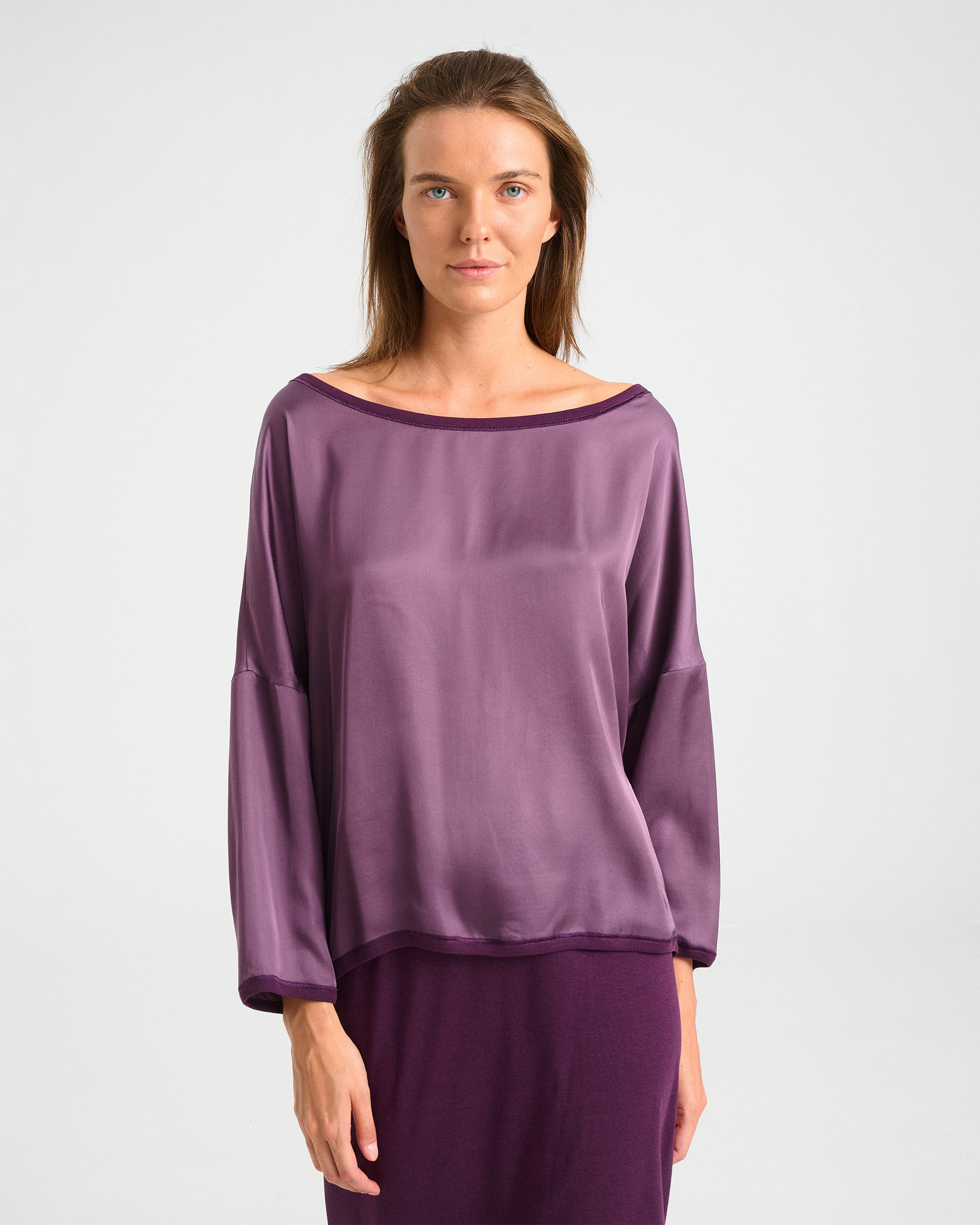 Loose Satin Top with Boat Neckline - 006751483 - image 6