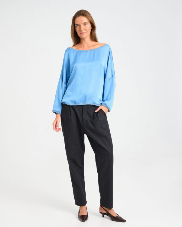 Loose Satin Top with Boat Neckline - 006751483 - image 1