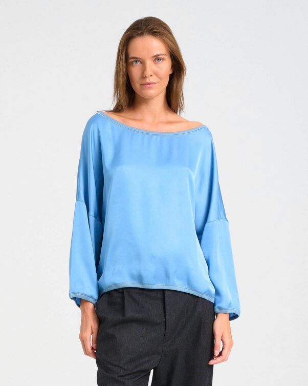 Loose Satin Top with Boat Neckline - 006751483 - image 2