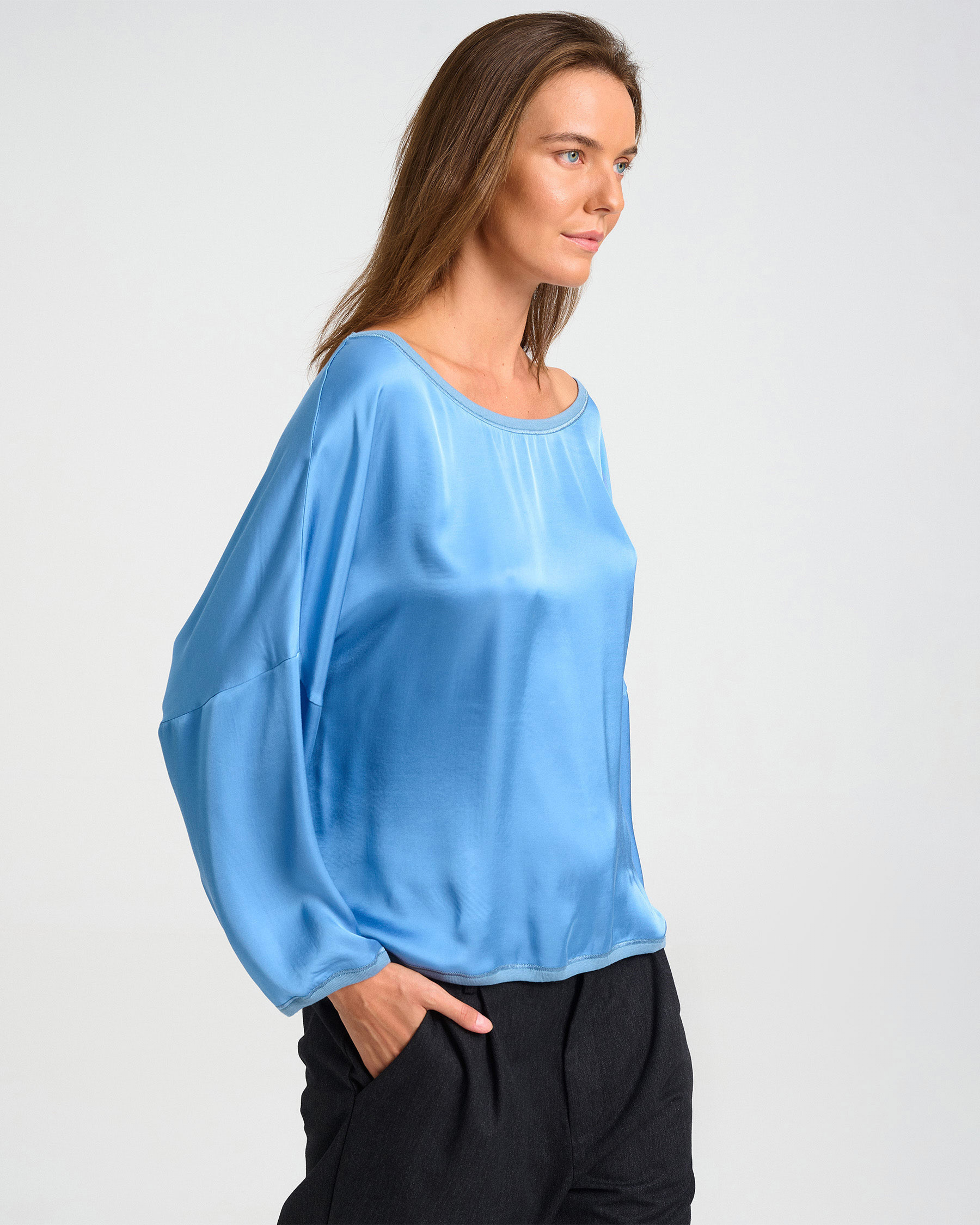 Loose Satin Top with Boat Neckline - 006751483 - image 3