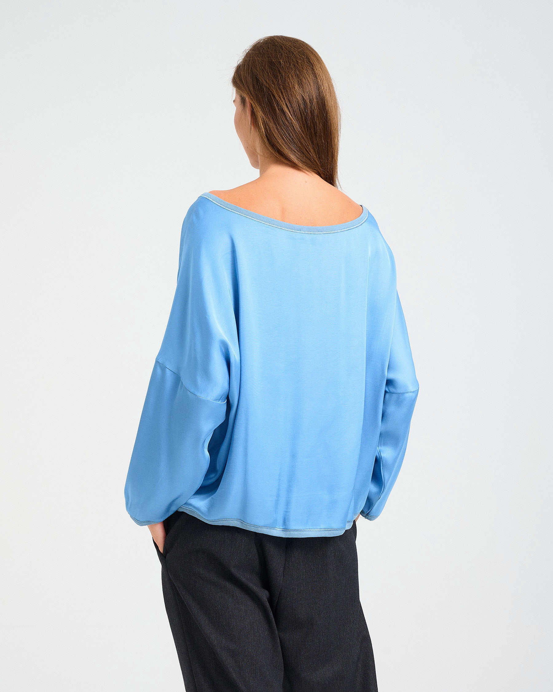Loose Satin Top with Boat Neckline - 006751483 - image 4