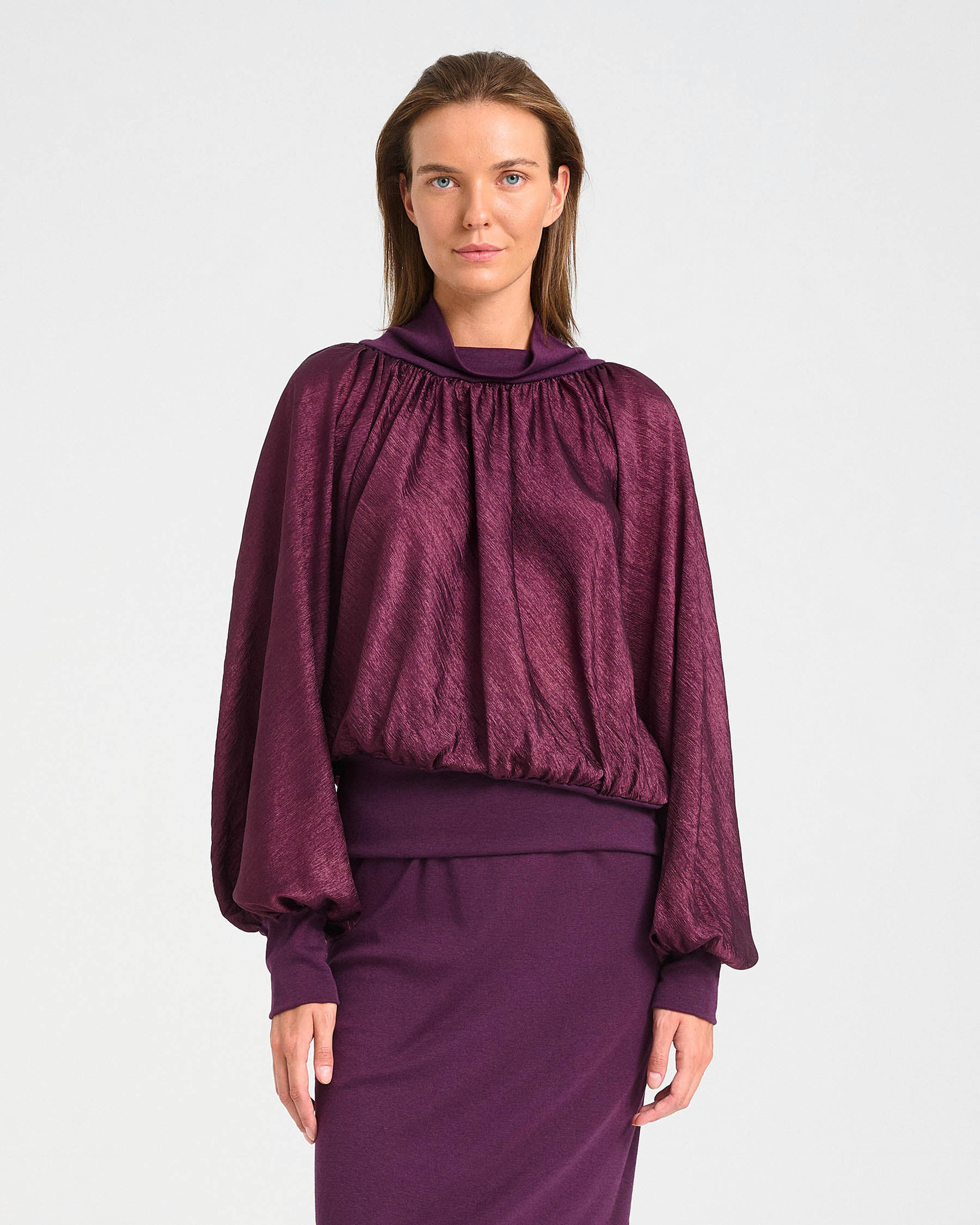 High-Neck Acetate Top with Balloon Sleeves - 006871472 - image 5