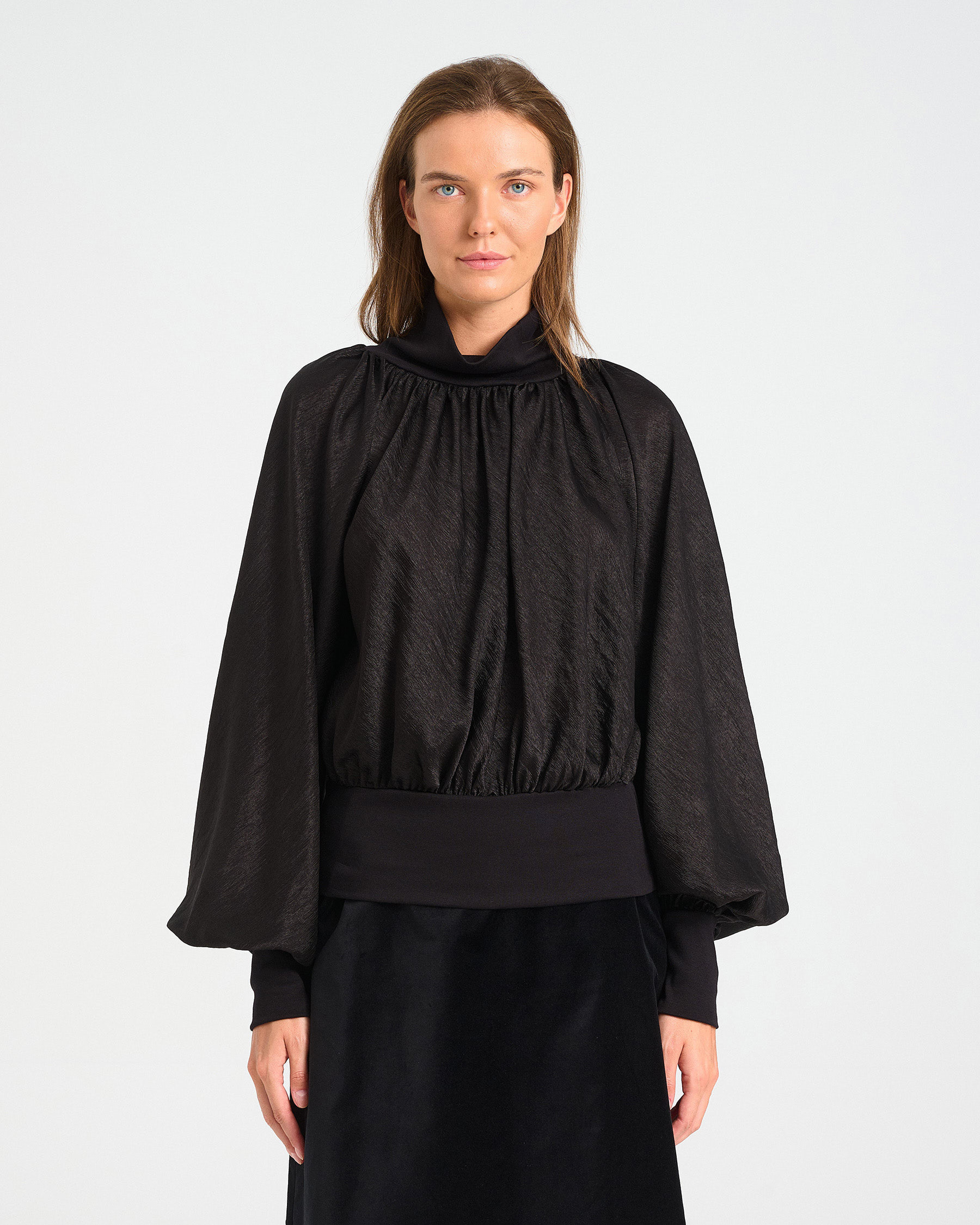 High-Neck Acetate Top with Balloon Sleeves - 006871472 - image 6