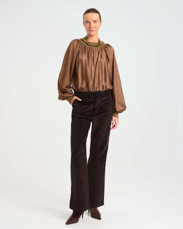 High-Neck Acetate Top with Balloon Sleeves - 006871472 - image 1