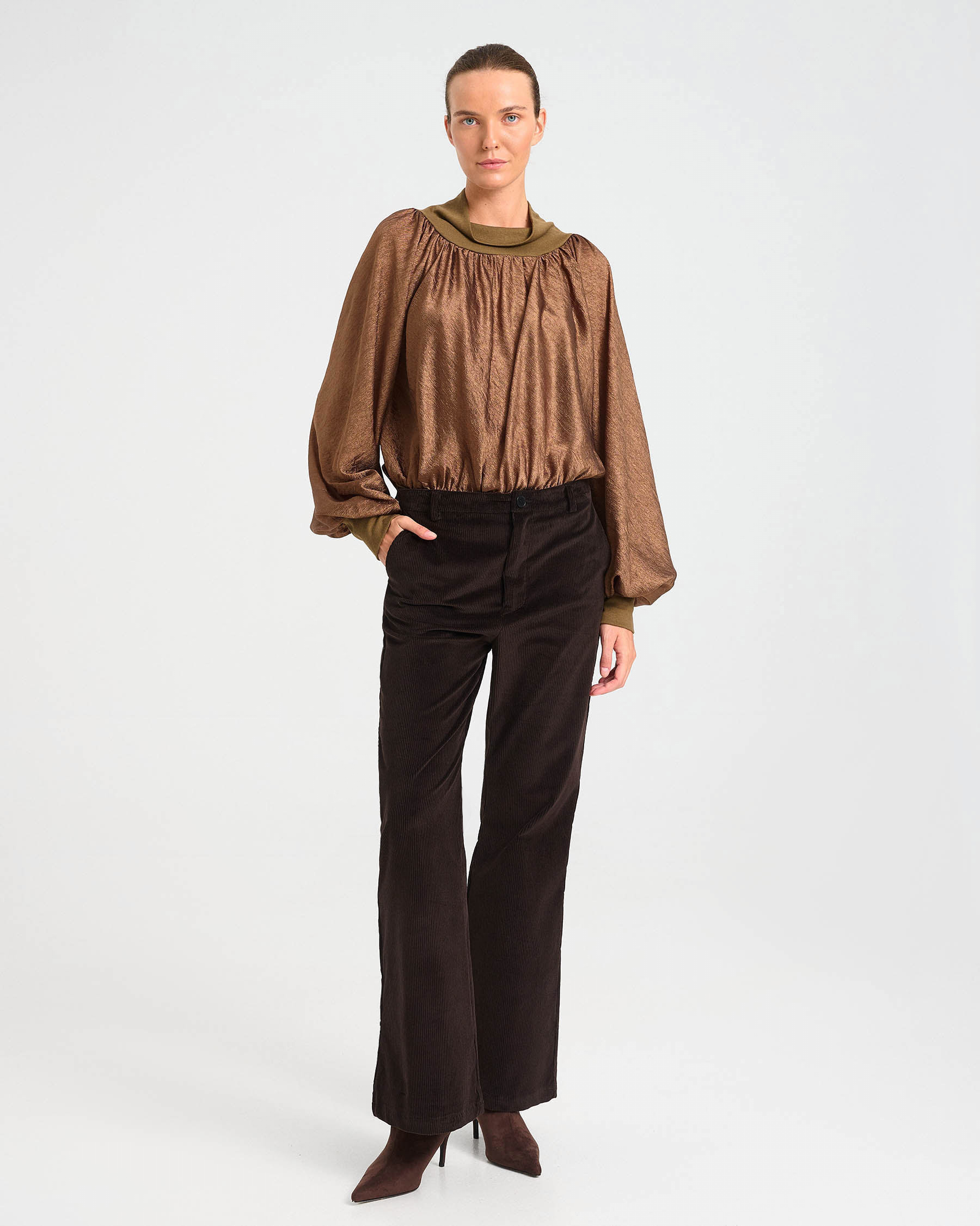 High-Neck Acetate Top with Balloon Sleeves - 006871472 - image 1