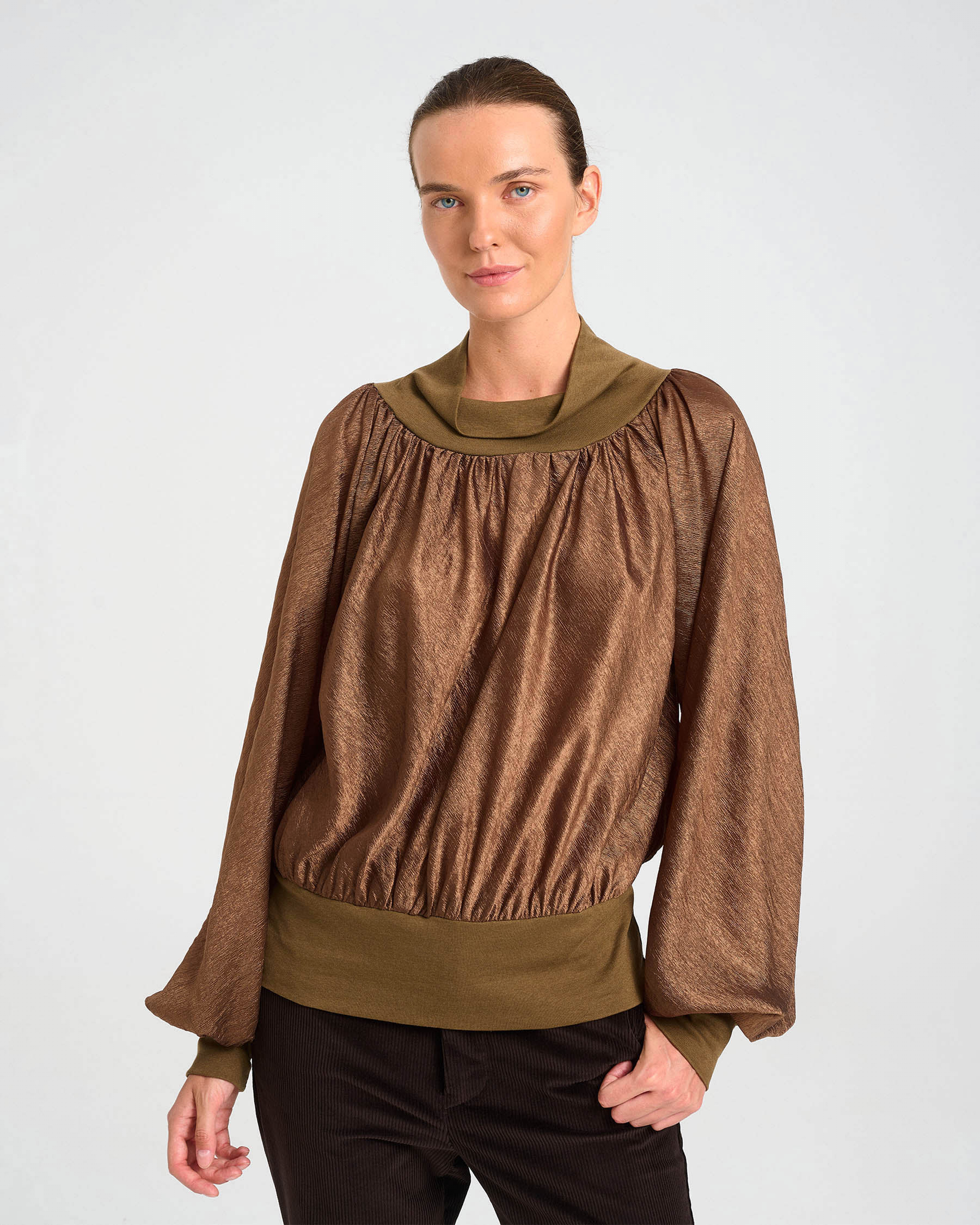 High-Neck Acetate Top with Balloon Sleeves - 006871472 - image 2
