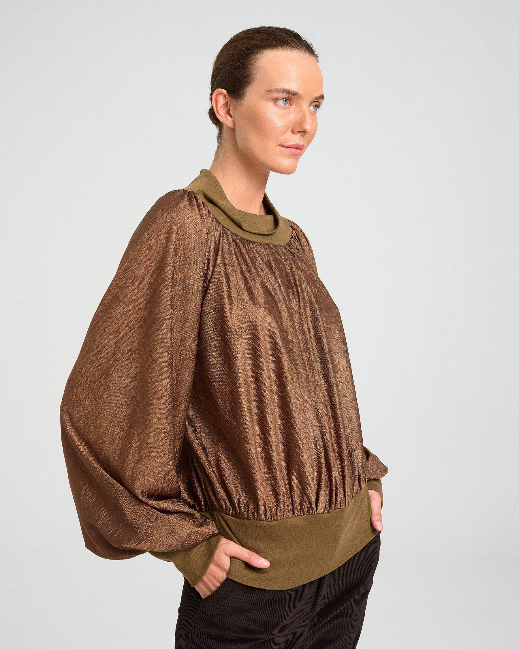 High-Neck Acetate Top with Balloon Sleeves - 006871472 - image 3